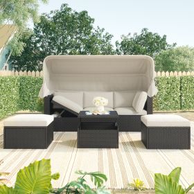 Outdoor Patio Rectangle Daybed with Retractable Canopy, Wicker Furniture Sectional Seating with Washable Cushions, Backyard, Porch - Beige