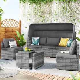 5 Pieces Outdoor Sectional Patio Rattan Sofa Set Rattan Daybed , PE Wicker Conversation Furniture Set/ Canopy and Tempered Glass Side Table, Gray - gr