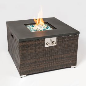 Outdoor Gas Fire Pit Square Dark Brown Wicker Fire Pit Table Propane Fire Table with Glass Rocks - as Pic