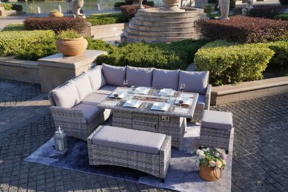 5-Piece Gray Wicker Outdoor Conversational Sofa Set with Fire Pit Table and Ottoman - Gray