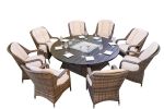 Turnbury Outdoor 9 Piece Patio Wicker Gas Fire Pit Set Round Table With Arm Chairs by Direct Wicker - brown