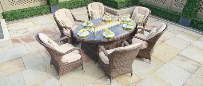 Turnbury Outdoor 7 Piece Patio Wicker Gas Fire Pit Set Oval Table with Arm Chairs by Direct Wicker - brown