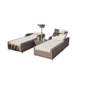 Direct Wicker Outdoor 3PCS Deluxe Patio Adjustable Wicker Rattan Chaise Lounge Set with Cushions and Table - Brown