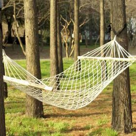 Outdoor Wood Pole Cotton Rope Hammock Garden Patio Yard Hanging Sleep Bed - White