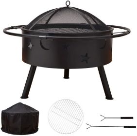 Outdoor Portable 32 Inch Steel Round Fire Pit with BBQ Grill;  Cooking Grate;  Spark Screen;  Fire Poker;  Cover;  Fireplaces for Outside wood burning