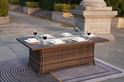 Elegant PE Wicker and Aluminium Patio Dining Fire Pit Table - Rectangular