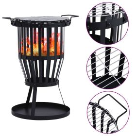 Garden Fire Pit Basket with BBQ Grill Steel 19" - Black