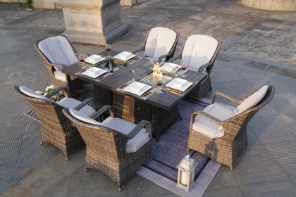 7 PCS Patio Gas Firepit and Ice Container Rectangle Dining Set with 6 Standard Height Chairs  - Gray