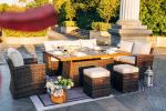 7 PCS Patio Conversational Sofa Set With 1 Gas Firepit And Ice Container Rectangle Dining Table. 1 Storage Box  And 2 Ottomans - Brown