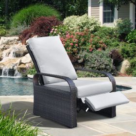 Outdoor Recliner Chair;  Automatic Adjustable Wicker Lounge Recliner Chair with 5.12'' Thicken Cushion - Gray - Brown Wicker