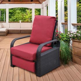 Outdoor Recliner Chair;  Automatic Adjustable Wicker Lounge Recliner Chair with 5.12'' Thicken Cushion - Red - Brown Wicker