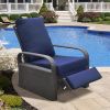 Outdoor Recliner Chair;  Automatic Adjustable Wicker Lounge Recliner Chair with 5.12'' Thicken Cushion - Navy Blue - Brown Wicker