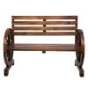 Rustic 2-Person Wooden Wagon Wheel Bench with Slatted Seat and Backrest XH - as picture