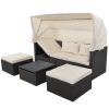 Outdoor Patio Rectangle Daybed with Retractable Canopy, Wicker Furniture Sectional Seating with Washable Cushions, Backyard, Porch - Beige