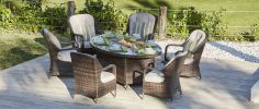 Turnbury Outdoor 7 Piece Patio Wicker Gas Fire Pit Set Oval Table with Arm Chairs by Direct Wicker - brown