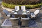 7 PCS Patio Gas Firepit and Ice Container Rectangle Dining Set with 6 Standard Height Chairs  - Gray