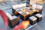 7 PCS Patio Conversational Sofa Set With 1 Gas Firepit And Ice Container Rectangle Dining Table. 1 Storage Box  And 2 Ottomans - Brown